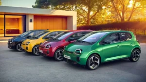 Twingo elétrico 2026, em 4 versões de cores, lado a lado.